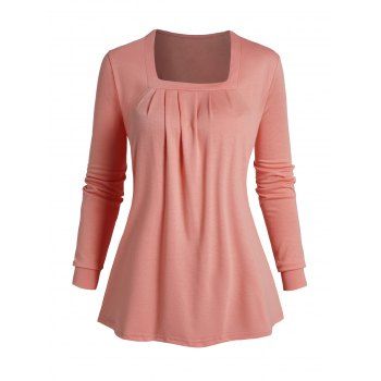 

Square Neck Top Plain Color Long Sleeve Casual Top, Light pink