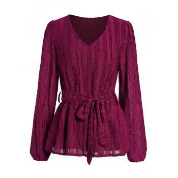 

Plain Color Belt Top V Neck Long Sleeve Casual Top, Deep red