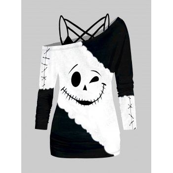 

Halloween Fun Ghost Face Print Colorblock Skew Collar T-shirt And Lattice Spaghetti Strap Camisole Set, Black