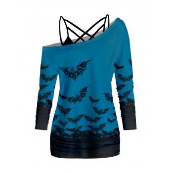 

Halloween Bat Print Skew Collar Long Sleeve T-shirt Lattice Spaghetti Strap Set, Blue