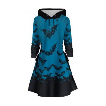 

Halloween Bat Print Lace Up Hoodie Dress Drawstring Long Sleeve Mini Dress With Hooded, Blue