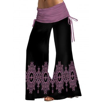 

Colorblock Tribal Flower Print Wide Leg Pants Ruched Cinched Contrast Loose Pants, Purple