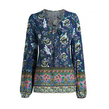 

Floral Print Bohemian Top Tie Front Keyhole Neck Long Sleeve Casual Top, Deep blue