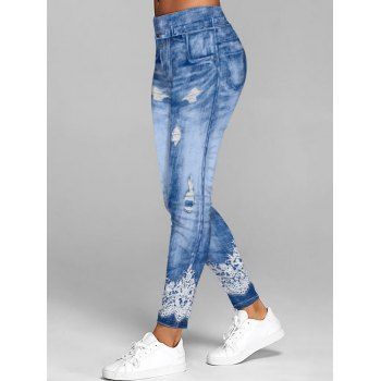 

Ripped Faux Denim 3D Print Leggings Long Casual Elastic Waist Leggings, Blue