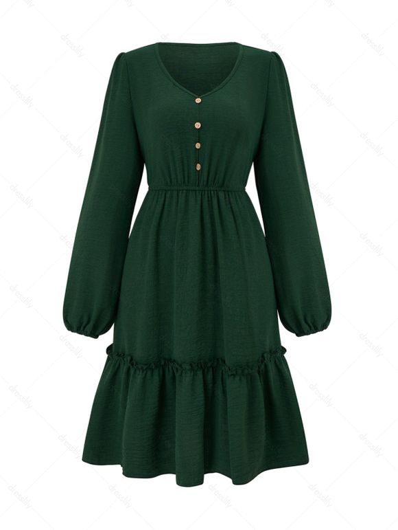 Mini Robe Décontractée Faux Bouton en Couleur Unie Ourlet à Volants - Vert profond XL