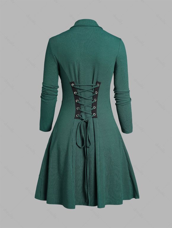 Mini Robe Tricotée Boutonnée Panneau en Blocs de Couleurs Ourlet à Volants Fausse Deux Pièces - Vert profond XXL | US 12