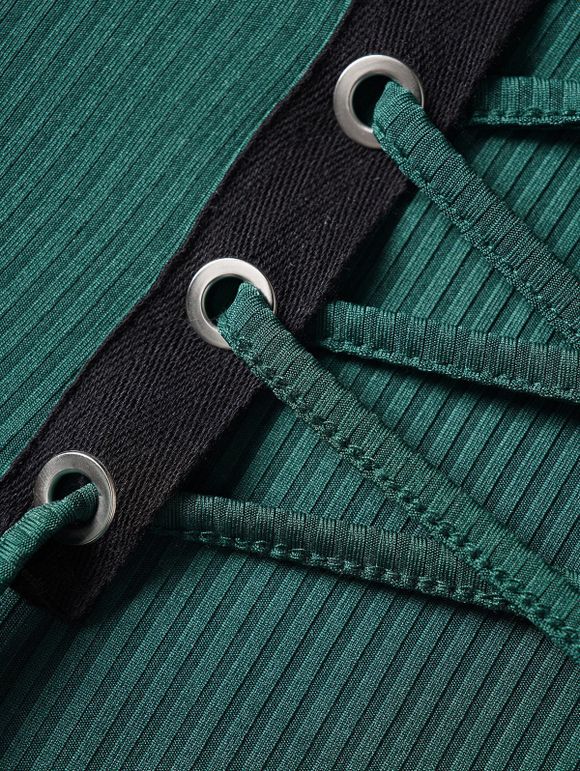 Mini Robe Tricotée Boutonnée Panneau en Blocs de Couleurs Ourlet à Volants Fausse Deux Pièces - Vert profond XXL | US 12