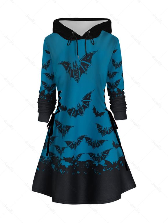 Mini Robe à Capuche D'Halloween Chauve-souris Imprimé à Lacets à Manches Longues - Bleu XXL | US 12