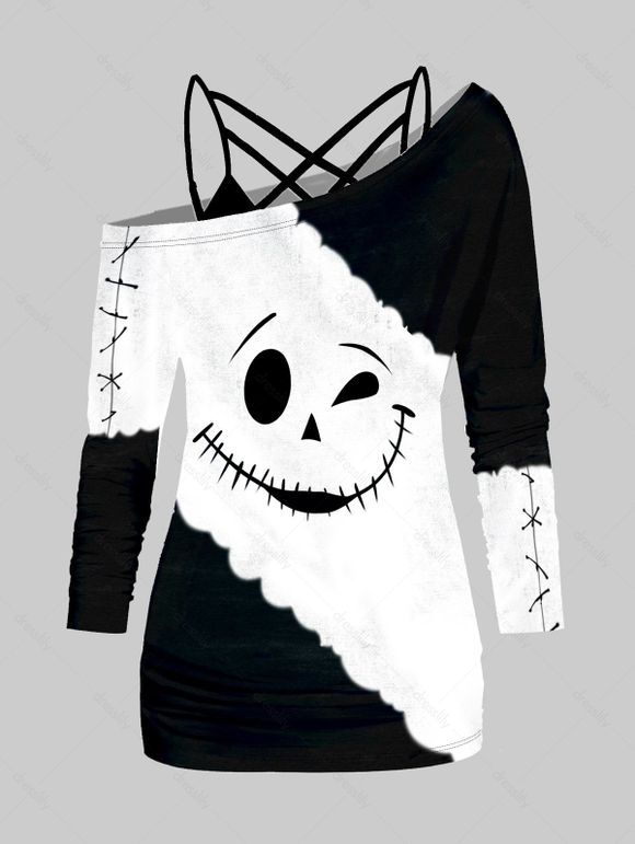 Ensemble de T-shirt D'Halloween Fantôme Amusant en Blocs de Couleurs à Bretelle Fine et de Treillis - Noir L | US 8