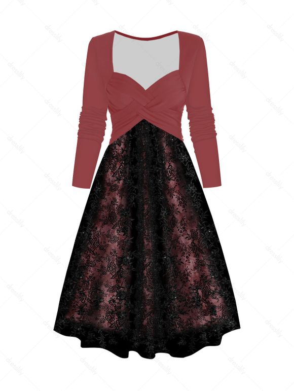 Robe Contrastée 3D Imprimée Croisée en Maille à Manches Longues à Taille Haute - Rose clair XXL | US 12