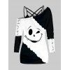 Halloween Fun Ghost Face Print Colorblock Skew Collar T-shirt And Lattice Spaghetti Strap Camisole Set