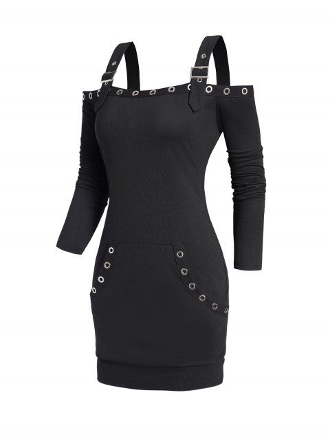 Mini Robe Gothique Epaule Dénudée à Manches Longues à Bretelle Bouclée avec Poche en Avant