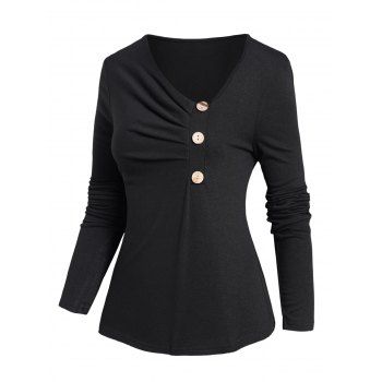 

Ruched V Neck Skinny Top Plain Color Mock Button Long Sleeve Casual Top, Black