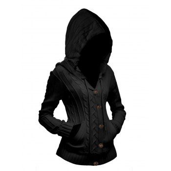 

Cable Knit Button Up Hooded Cardigan Plain Color Long Sleeve Casual Cardigan, Black