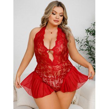 

Plus Size Sheer Floral Lace Halter Teddy Plunge Mesh Panel Hem Lingerie Bodysuit, Red