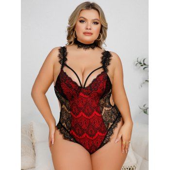 

Plus Size Sheer Lace Adjustable Strap Teddy And Neck Tie Lingerie Bodysuit Set, Deep red