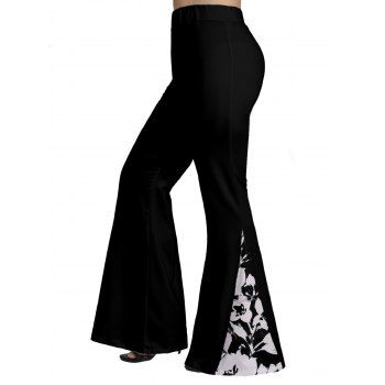 

Plus Size & Curve Flare Pants Contrast Floral Print Panel Long Pants, Black