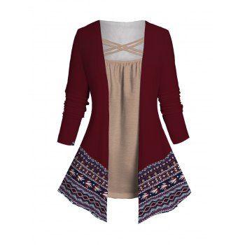 

Plus Size Tribal Floral Print Colorblock Faux Twinset Top Crisscross Long Sleeve Twofer Top, Deep red