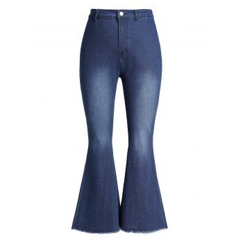 

Plus Size Flare Jeans Raw Hem Middle Waist Zip Fly Casual Denim Pants, Deep blue