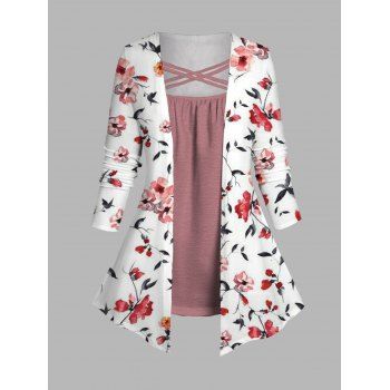 

Plus Size & Curve Floral Print Faux Twinset T-shirt Colorblock Crisscross Long Sleeve Twofer Tee, Light pink