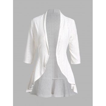 

Eyelet Embroidery Ruffle Hem Top Plain Color Open Front Casual Top, White