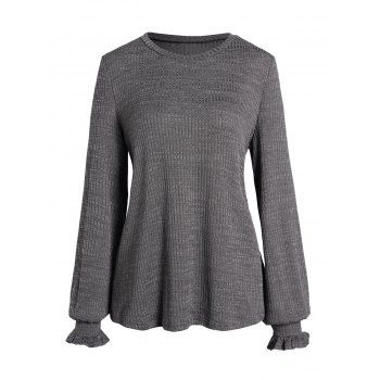

Heathered Simple Knit Top Ruffle Cuff Long Sleeve Casual Top, Gray
