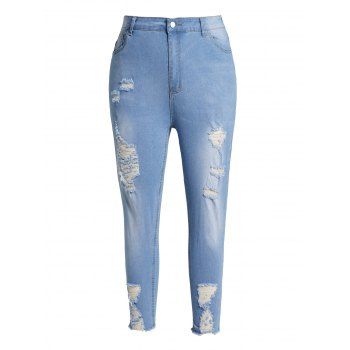 

Plus Size Ripped Frayed Hem Jeans Faded Middle Waist Casual Denim Pants, Light blue