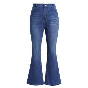 

Plus Size Flare Jeans Middle Waist Zip Fly Pockets Casual Denim Pants, Deep blue