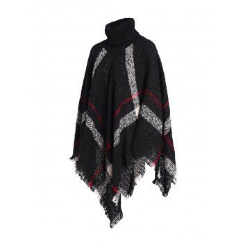 

Plaid Pattern Turtleneck Sweater Cape Loose Frayed Hem Pullover Sweater Poncho, Black