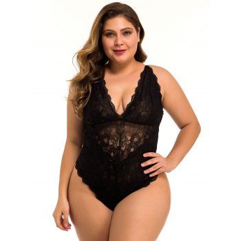 

Plus Size & Curve Sheer Floral Lace Teddy Plunge Crisscross Spaghetti Strap Lingerie Bodysuit, Black