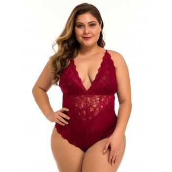 

Plus Size & Curve Sheer Floral Lace Teddy Plunge Crisscross Spaghetti Strap Lingerie Bodysuit, Red