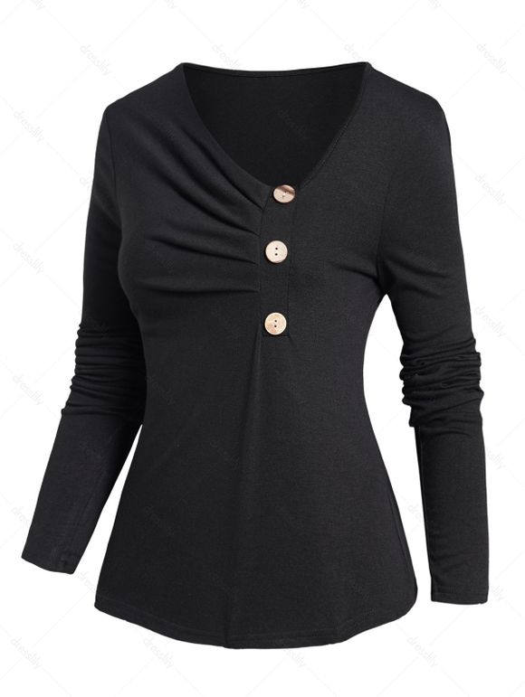 Haut Décontracté Simple Moulant Boutonné en Couleur Unie à Manches Longues à Col V - Noir L | US 8