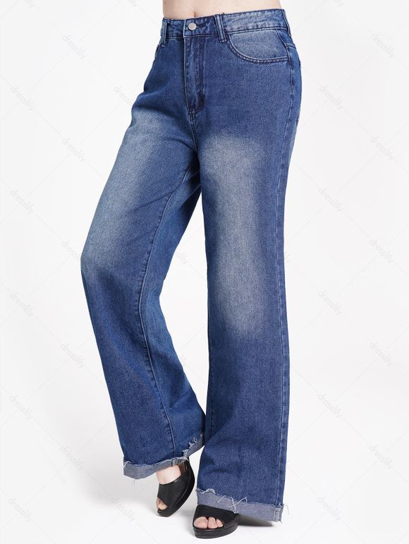 Jean Décontracté Lâche Zippé avec Poche à Ourlet Brut en Denim - Bleu XL