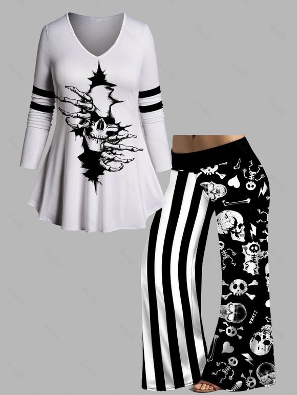 Plus Size Skull Skeleton Hand Crack Print Stripe Long Sleeve T-shirt And Halloween Print Colorblock Wide Leg Pants Outfit - BLACK L | US 14