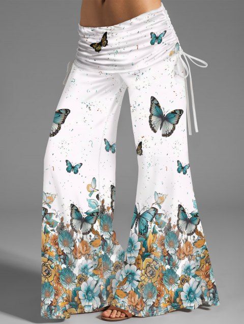 Flower Butterfly Print Cinched Wide Leg Pants Ruched Long Casual Loose Pants
