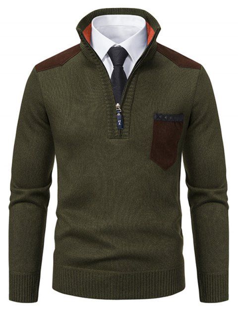 Pull en Tricot Contrasté Jointif avec Poche à Col Debout