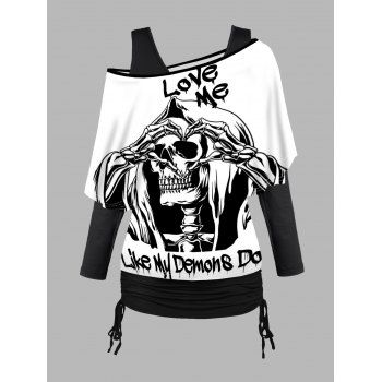 

Skeleton Heart Letter Graphic Skew Collar T-shirt And Cold Shoulder Cinched Long Sleeve Top Set, White