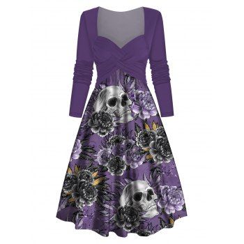 

Skull Flower Print Long Sleeve Dress Crossover Sweetheart Neck Midi Dress, Purple