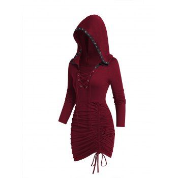 

Lace Up Gothic Hooded Dress Plain Color Cinched Ruched Bodycon Mini Dress, Deep red