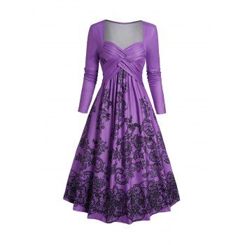 

Floral Print Midi Dress Crossover Sweetheart Collar Long Sleeve Dress, Purple
