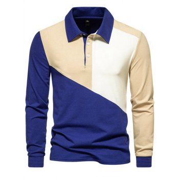 

Contrast Colorblock Panel Long Sleeve T-shirt A Quarter Button Turndown Collar Tee, Blue