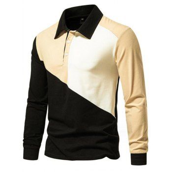 

Contrast Colorblock Panel Long Sleeve T-shirt A Quarter Button Turndown Collar Tee, Black