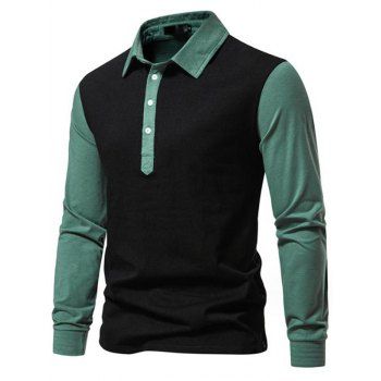 

Contrast Colorblock Panel Long Sleeve T-shirt A Quarter Button Turndown Collar Casual Tee, Black