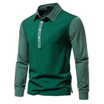 

Contrast Colorblock Panel Long Sleeve T-shirt A Quarter Button Turndown Collar Casual Tee, Deep green