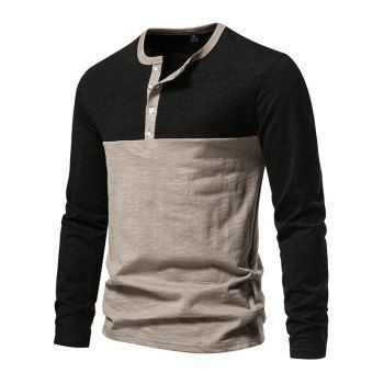 

Contrast Two Tone Long Sleeve T-shirt A Quarter Button Casual Tee, Coffee