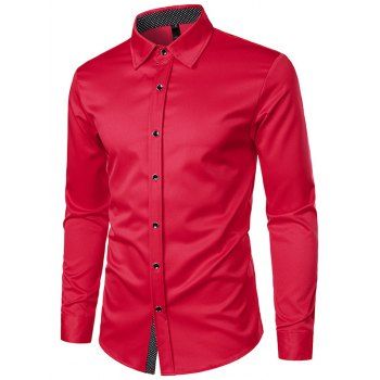 

Polka Dots Panel Long Sleeve Shirt Button Up Turndown Collar Casual Shirt, Red