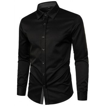 

Polka Dots Panel Long Sleeve Shirt Button Up Turndown Collar Casual Shirt, Black