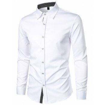 

Polka Dots Panel Long Sleeve Shirt Button Up Turndown Collar Casual Shirt, White