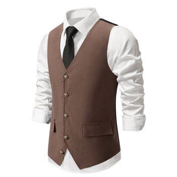 

Mock Pocket Single Breasted Vest V Neck Adjustable Strap Back Casual Vest, Coffee