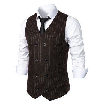 

Vertical Stripe Double Breasted Vest Mock Pockets Adjustable Strap Back Casual Vest, Deep coffee